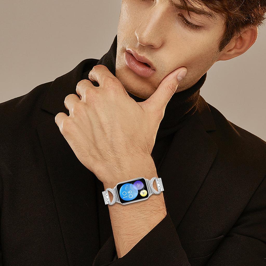 For Xiaomi Xiaomi Smart Band 9 Pro/8 Pro Watch Band Seven Bead Stainless Steel Strap with Rhinestone Ox Horn Style Connector