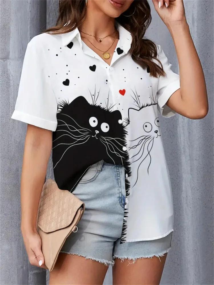 Summer 2025 Women Shirts Lapel Short Sleeve Abstract Cartoon Portrait Prints Blouses Fashion Casual Cute Cat Print Shirts Tops