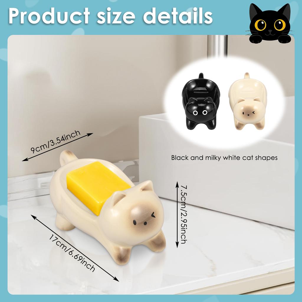 2 Pcs Ceramic Soap Dish Duck/Cat Shape Soap Dish Holder with Self Draining Design Cute Ceramic Soap Tray for Bathroom Kitchen