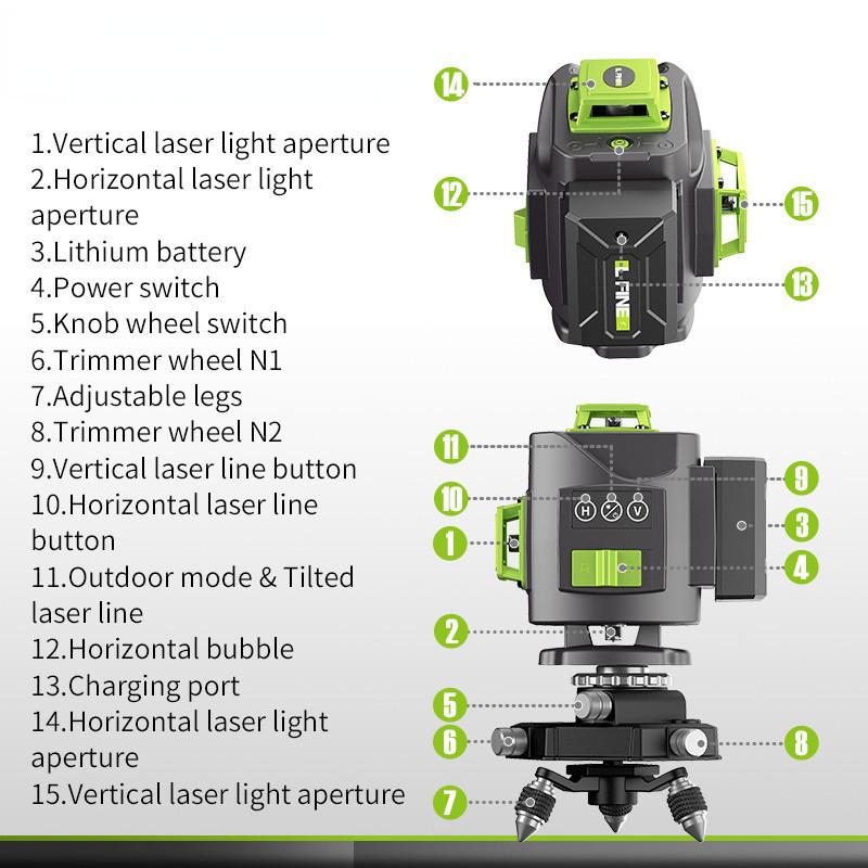 12/16 Line New Laser Level 360 ° Horizontal and Vertical Cross Green Line Projector Portable Auto Self-Leveling Measuring Tools