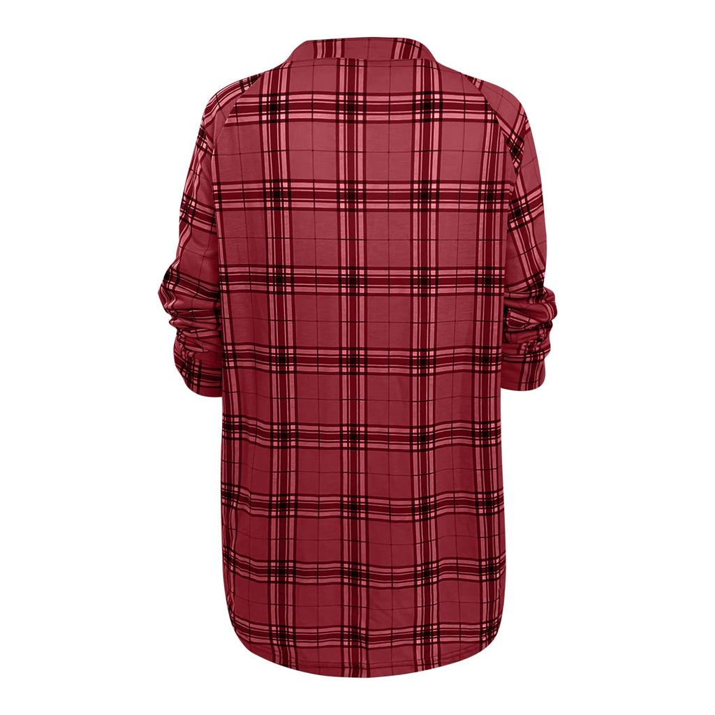 Women's Long Sleeve Plaid Shirt Dress V Neck Button Down Casual Loose Fit Tunic Top with Roll Tab Sleeves and Side Pockets for Autumn Winter