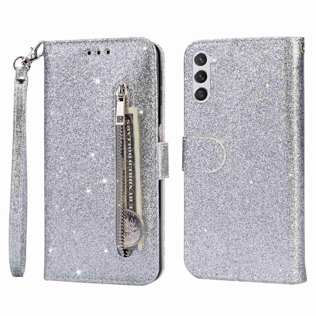 For Samsung Galaxy S24 Case Glittery Phone Wallet Cover with Zipper Pocket
