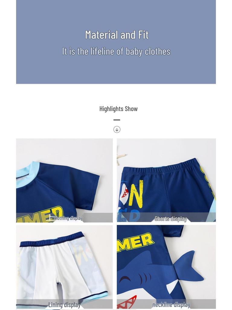 New Cute Shark Toddler Boys' Swimsuit Set with Quick-Dry Shorts, Short Sleeves, Sunscreen, and Swim Cap