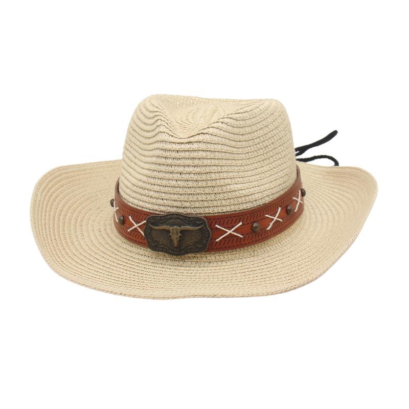 Cowboy Hat Jazz Hat Straw Hat Special Hat Strap Bull Head Accessories Belt Prairie Ethnic Style Sunscreen Straw Hat