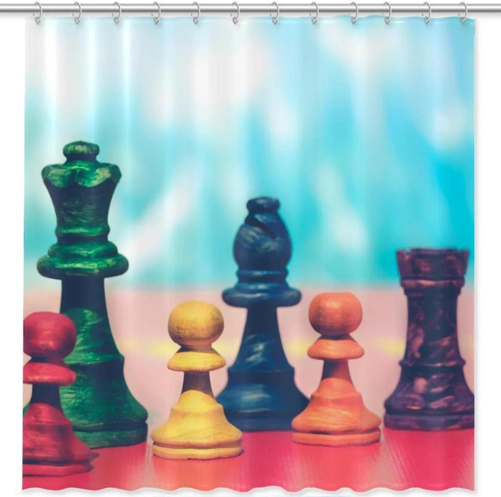 Chess Shower Curtain Horse Head International Chess Stripes Bathroom Curtains Chessboard Waterproof Board Game Bath Curtains Set