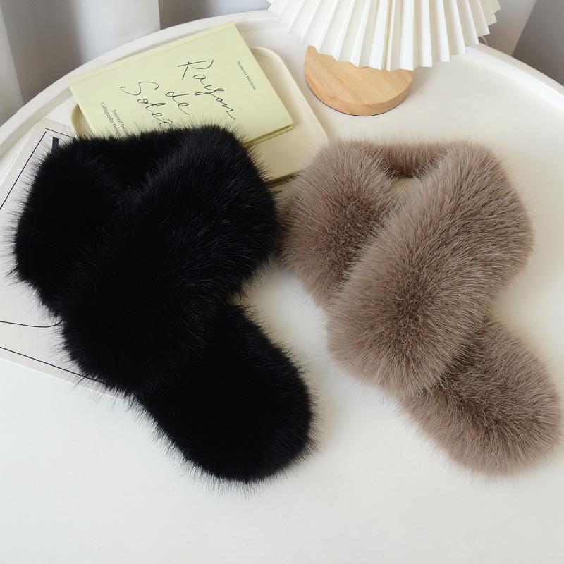 Damski dwustronny koreański szal ze sztucznego futra lisa - Gruby pluszowy zimowy ocieplacz na szyję