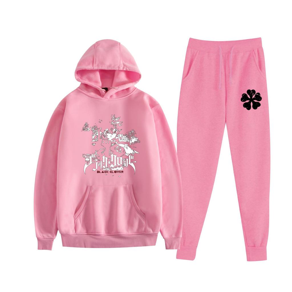Europe, America, Autumn and Winter Black Four-leaf Clover Peripheral Two-dimensional Men's and Women's Leisure Sports Fleece Hooded Sweater Set 