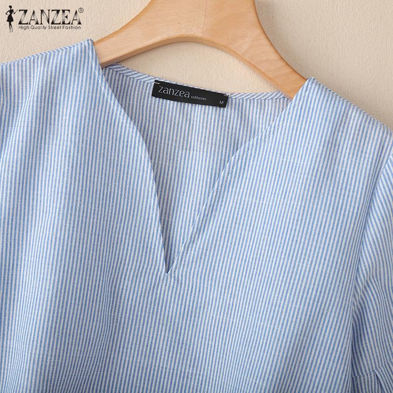 ZANZEA Women Casual V-Neck 3/4 Sleeve Loose Stripe Blouse