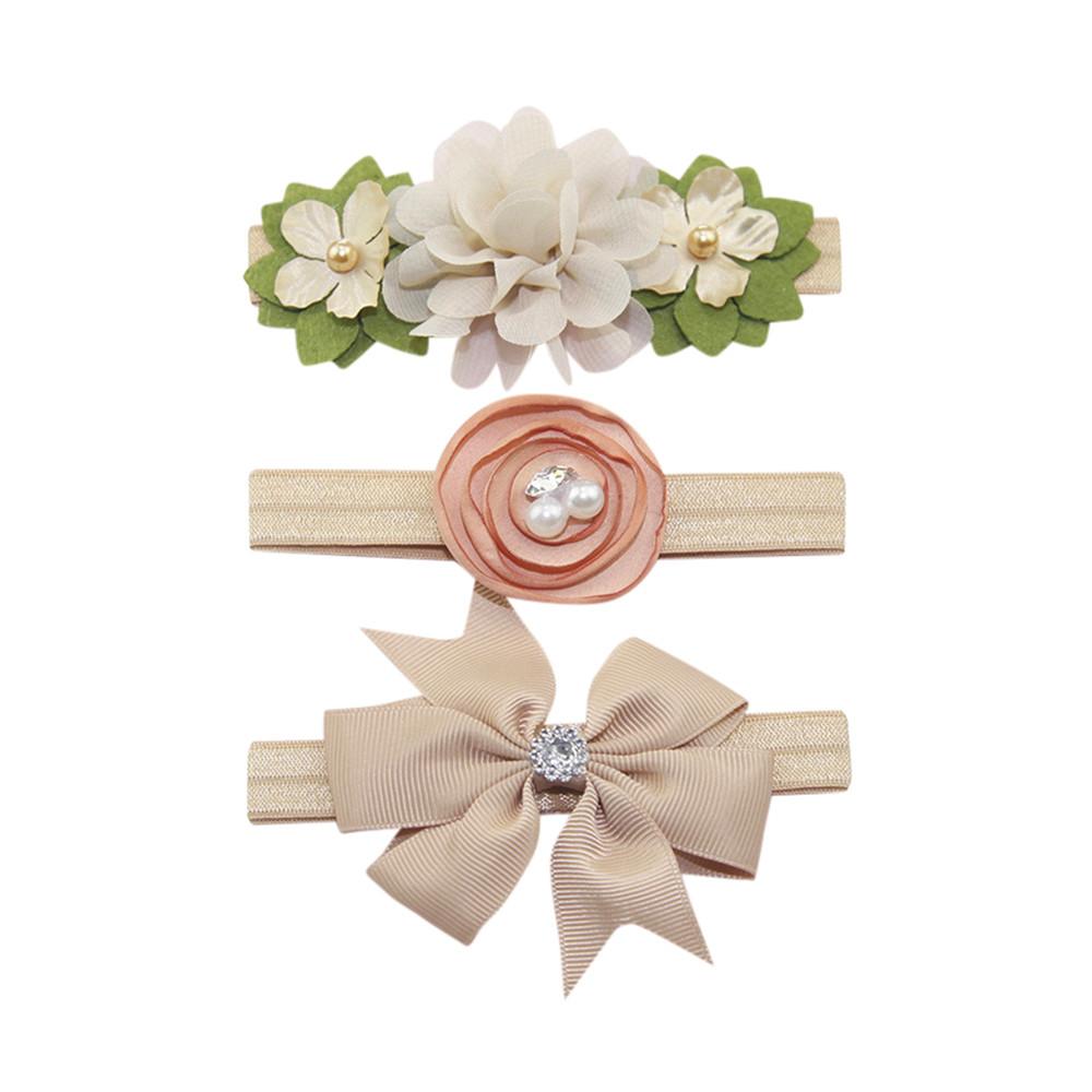 3Pcs Kids Elastic Floral Headband Pearl Hair Girls Baby Bowknot Hairband Set