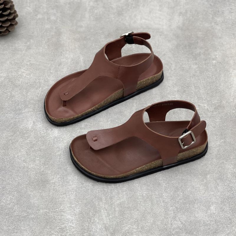 Johnature Handgefertigte Echte Leder Flache Sandalen Einfarbig Eckige Schnalle Schlicht Weiches Rindsleder Damenschuhe