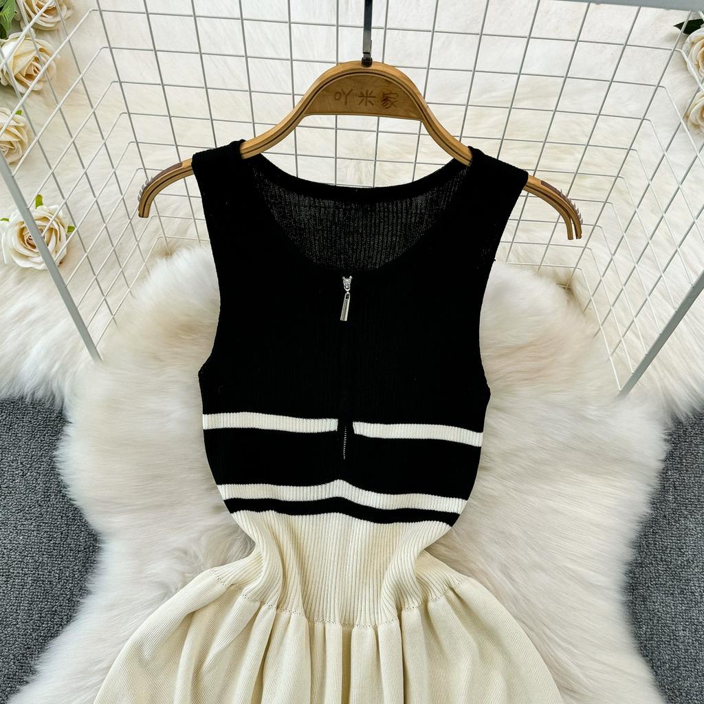 Summer Women Sleeveless Tank Knitted Striped Sweater Zipper Pullover Dresses