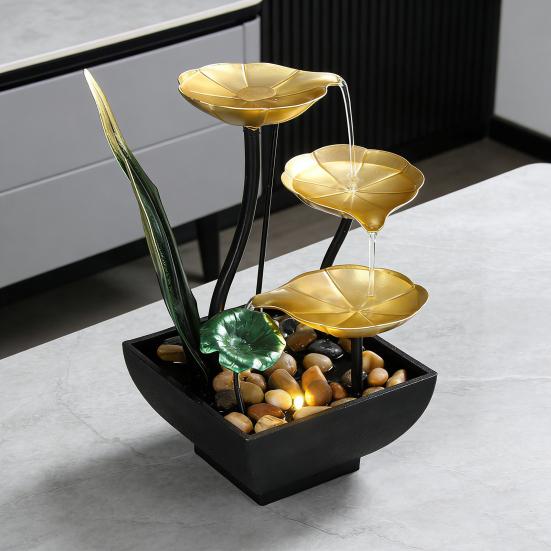 Relaxation Tabletop Water Fountain with Rocks 3 Tier Lotus Leaf Small Waterfall Fountain with Light for Indoor Zen Home Bedroom Desktop Decor