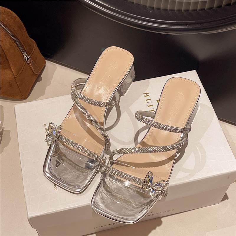 2025 new fairy rhinestone bow fairy beautiful high value cool slippers outer wear with diamond crystal heel women's shoes