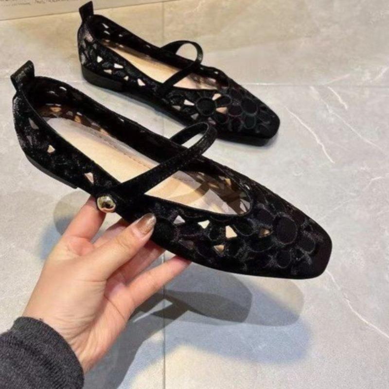 Fashion Summer New Square Head Shallow Mouth Fabric Hollow Breathable Metal Buckle Soft Sole Non-slip Low-top Shoes in The Heel Shoes