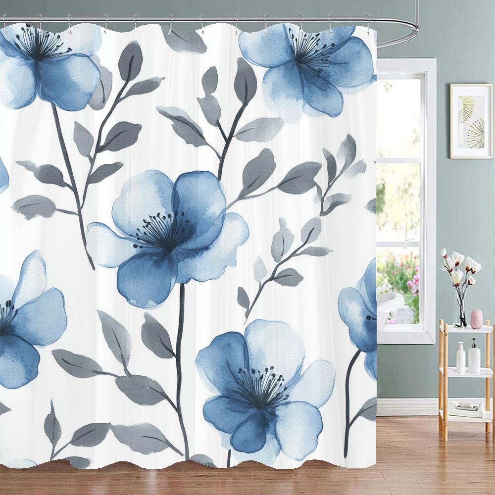 Modern Watercolor Blue Flowers Print Shower Curtain, Polyester Shower Curtain with Hooks for Bathroom Decorative Shower Curtain 90x180cm-35x70in