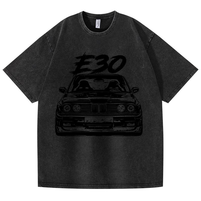 Retro Vasket Vintage T-skjorte E30 Bil 100% Bomull T-skjorte Fleece Tykk Varm Dame Herre Hip Hop Trykket Rund hals T-skjorte