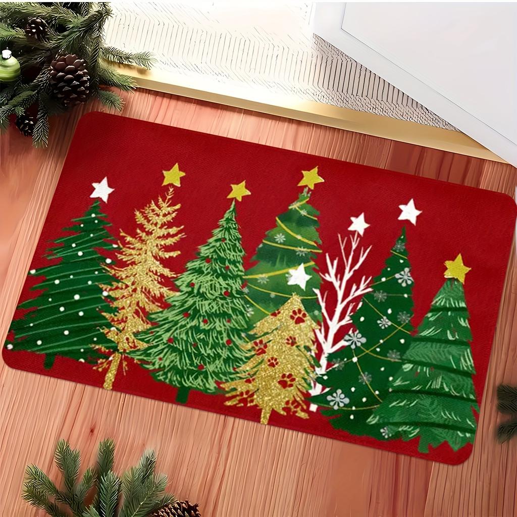 Christmas Tree Snow Scene Doormat,Red Gold Star Flannel Machine Washable Large Rug  Entryway Living Room Kitchen Holiday Decor