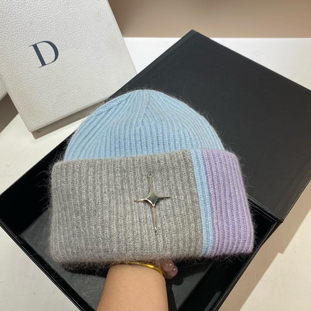 Winter warm double fold rabbit fur knitted hat sweet cross mark contrasting color wool pullover hat large version headgear