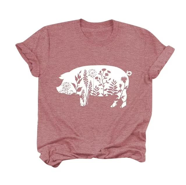 Women's T-shirt with short sleeves, pig, pink, size L