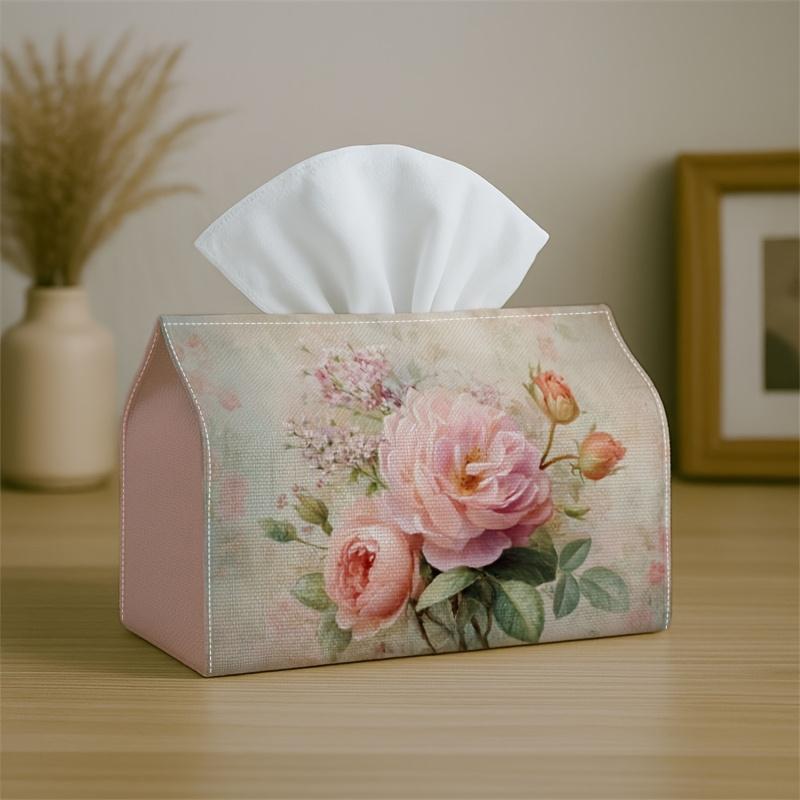 1pc Tissue Box Holder Featuring a Vintage Botanical Floral Design with Pastel Pink Roses, Made from Durable Polyester. Perfect for Use In The Kitchen,
