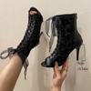Fashion Women's Slim Heel Single Boots Spring New Round Head Open Toe Front Lacing Back Zipper Anti-slip Wear-resistant High Heels