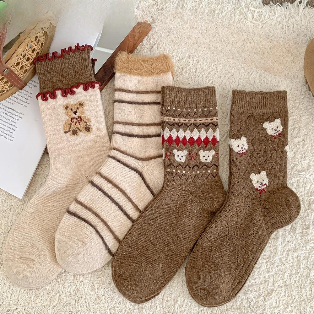 Thickened Warm Wool Socks, Cartoon Bear, Coffee-colored Mid-calf Socks, Double-layer Black Fungus Edge, Pile Mid-calf