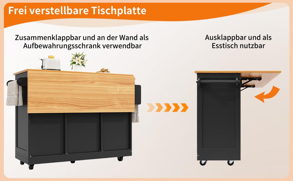 Isola cucina, carrello da pranzo con piano di lavoro, credenza, venature del legno, portasciugamani laterale, ante con rotelle, divisori regolabili, nero