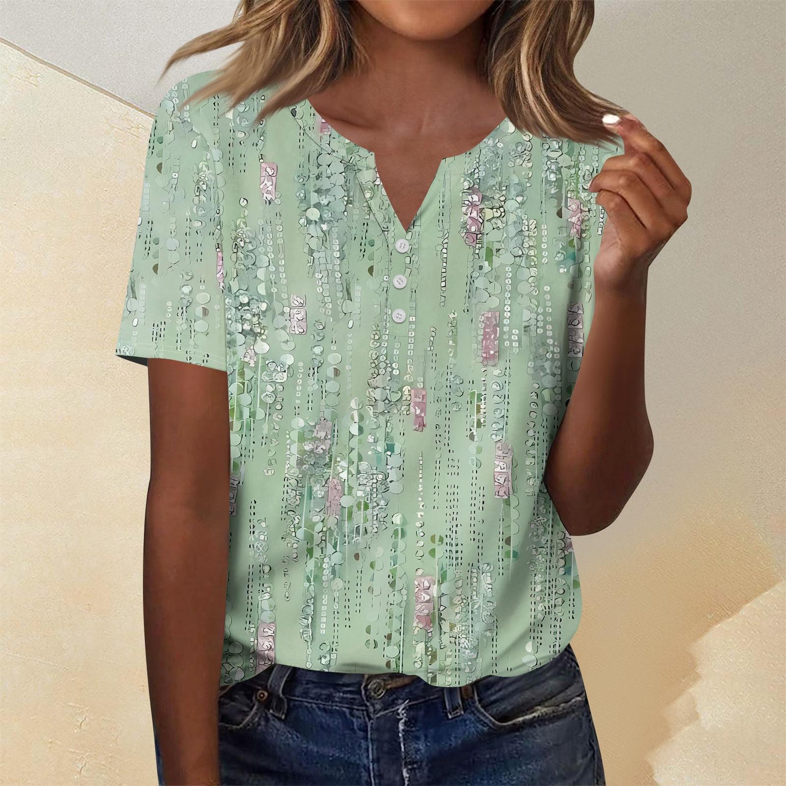 

Женская мода повседневный короткий рукав цветочный принт топ S светло-зеленый