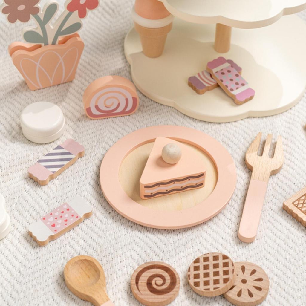Wooden Dessert Playset Smooth Painted Finish Pretend Confectionery Stand Assorted Accessories
