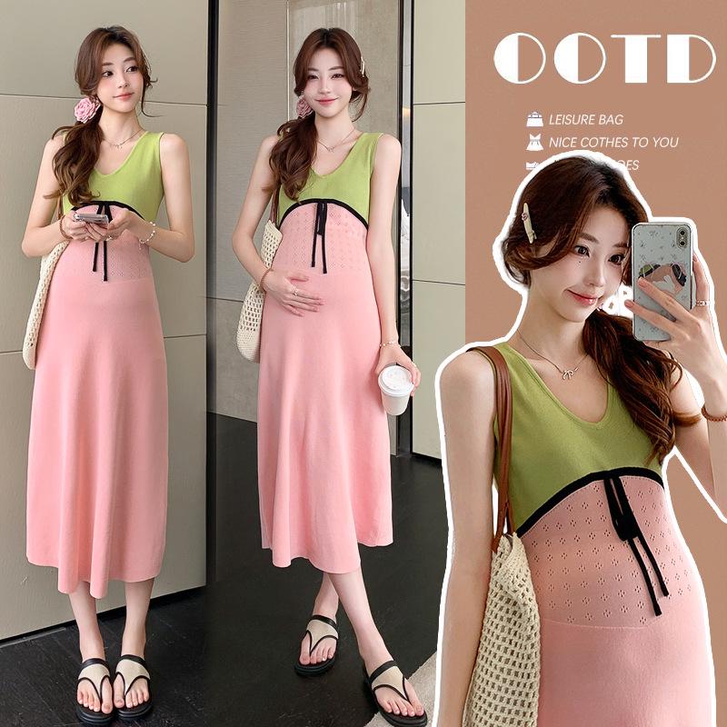 Real Shot 2026 Korean Style Slim Maternity Dress Patchwork Design Large