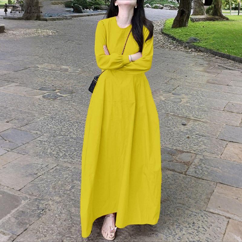 ZANZEA Women Round Neck Solid Color Long Sleeve Loose Casual Pleated Long Dress
