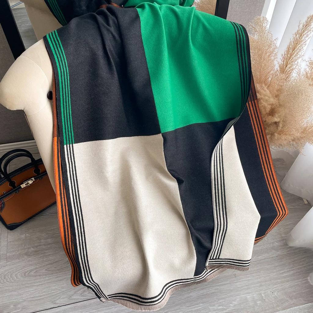 Fashion Korean-Style Colorblocked Faux Cashmere Scarf For Women Air Conditioner Shawl Elegant Thickened Cold-Proof Wrap For Autu
