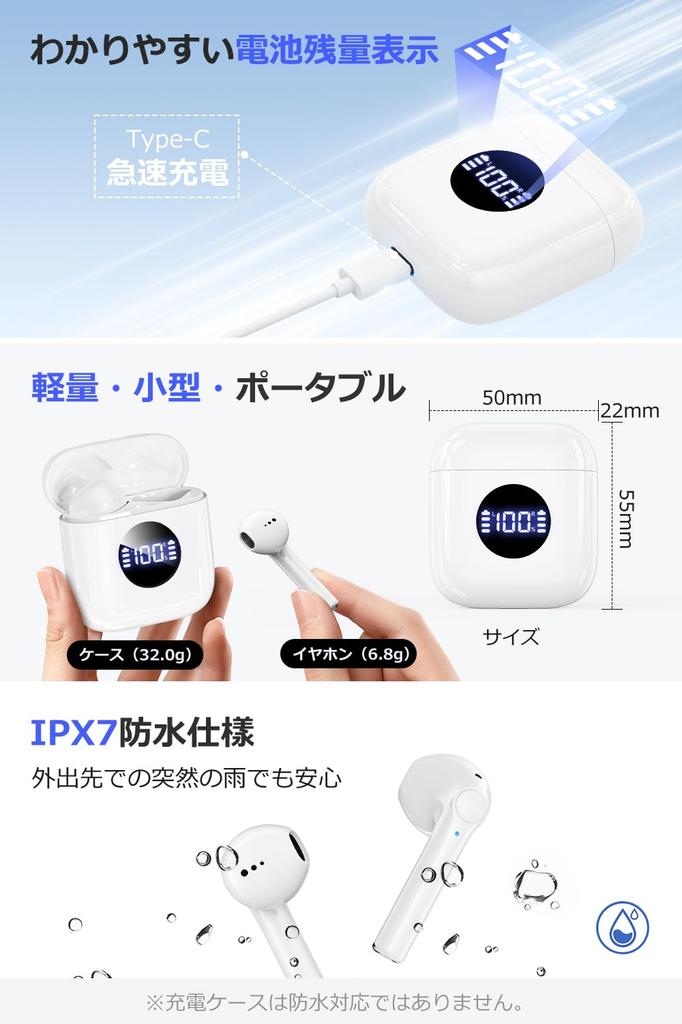 Wireless Earphones, Hi-Fi Bluetooth Earphones, Type-C, LED Display, Compact and Lightweight, IPX7 Waterproof, Compatible with iPhone, Android, and