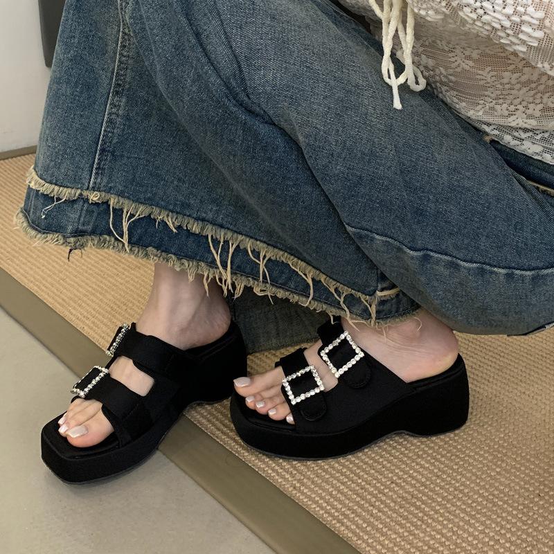 Slope Heel Cool Slippers Summer New Age-reducing Rhinestone Double Buckle One-word Belt Buckle Sandals Casual Thick-soled Slippers
