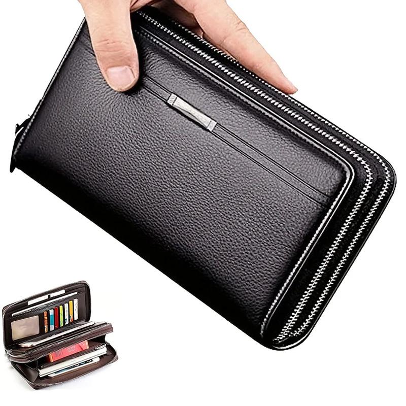 Double Zipper Men's Wallet Long Money Clip Leather Handbag Large Capacity Business Mobile Phone Card Holder Men's Gift Father Son Husband