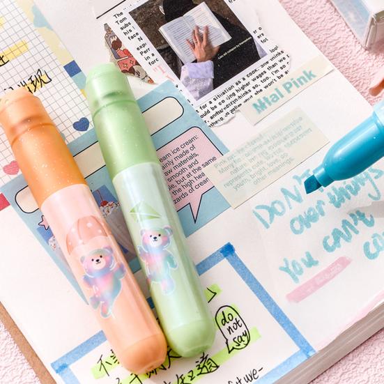 4Pcs Cute Bear Glitter Highlighter Set Large Capacity Pastel Markers for Journaling Notes Smooth Quick-Dry Fun School Supplies for Kids Students