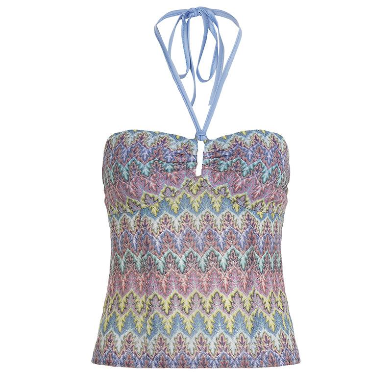 Little fresh girl dopamine gradual change color wool suspender design sense hollow low neck lace up sexy vest top