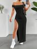 Retro elegant one-word shoulder short-sleeved side-split dress, high-waisted slim-fitting and thin hip-wrapped evening dress