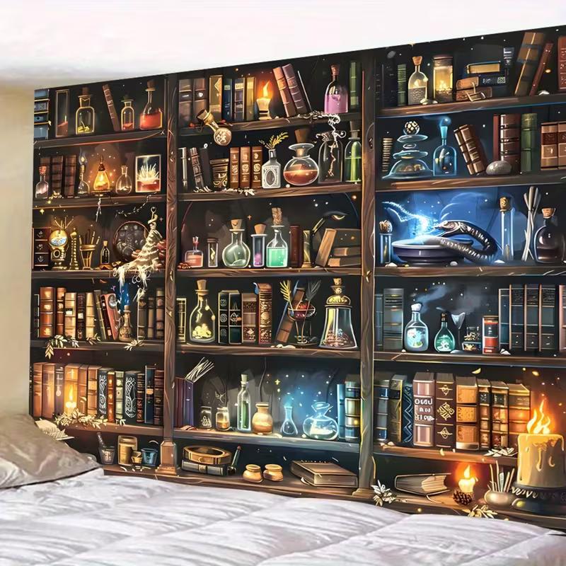

2D Magical Library Tapestry, Spell Books & Potion Jars for Halloween & Bedroom 47.2x31.5inch/120*80cm