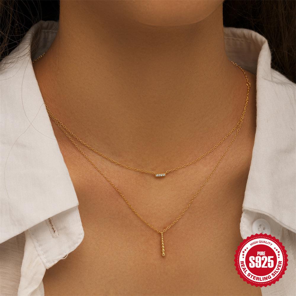 S925 Sterling Silver Geometric Strip Diamond Round Ball Layer Double Necklace Female Style Diamond Clavicle Chain