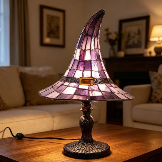 Yousheng Buntglas Hexenhut Lampe, USB-betriebenes Nachtlicht, Handgefertigte Harz-Buntglas Schreibtischlampe, Halloween Gothic Dekor für Schlafzimmer