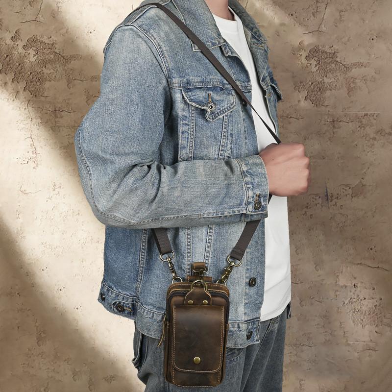 New Men's Genuine Cow Leather Waist Bag Belt-worn Outdoor Multi-compartment Water-repellent Fanny Pack 7-inch Phone Holder for Daily Travel Hiking
