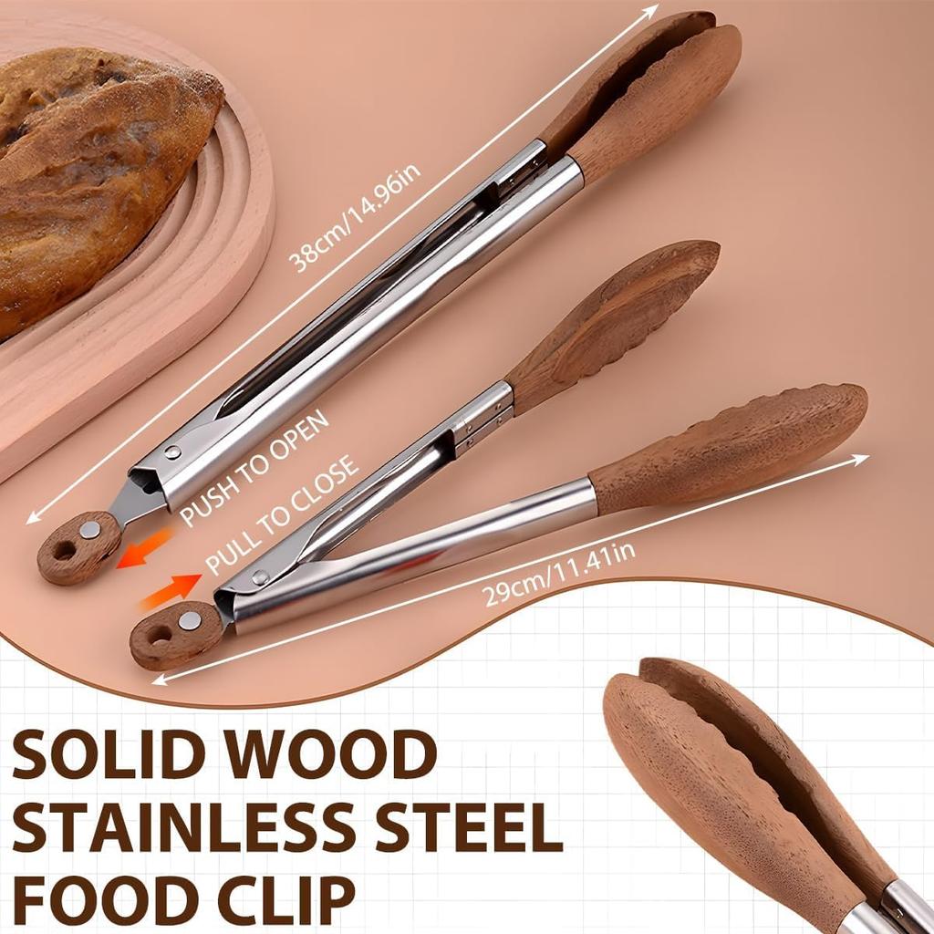Premium Wooden Tongs for Cooking & Serving Food, Stainless Steel with Walnut Wood Tip, Anti-Slip Long Handle, Heat Resistant, Smooth Locking &