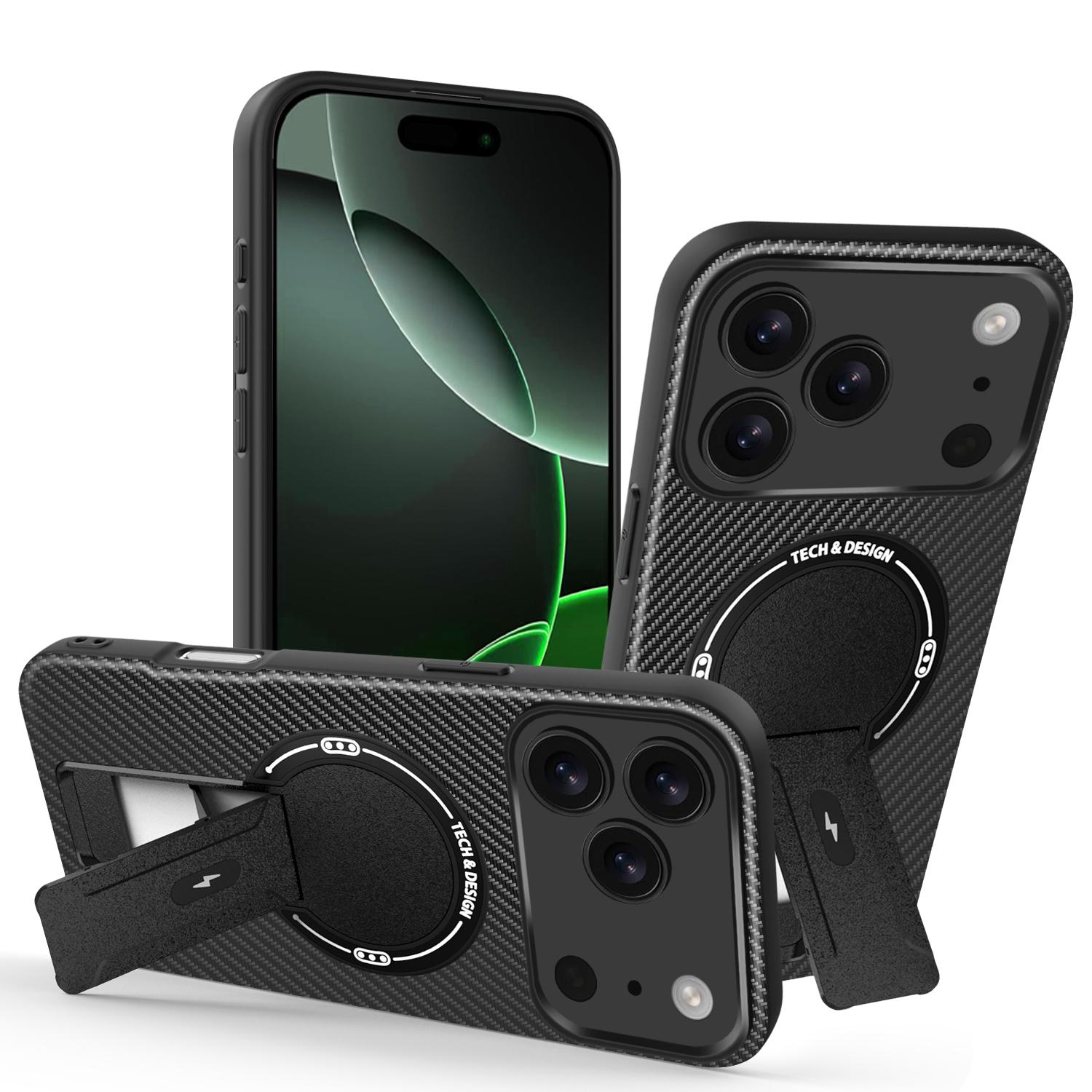 

For iPhone 17 Pro Max Case with Kickstand Carbon Fiber Texture PC+TPU Phone Cover Black