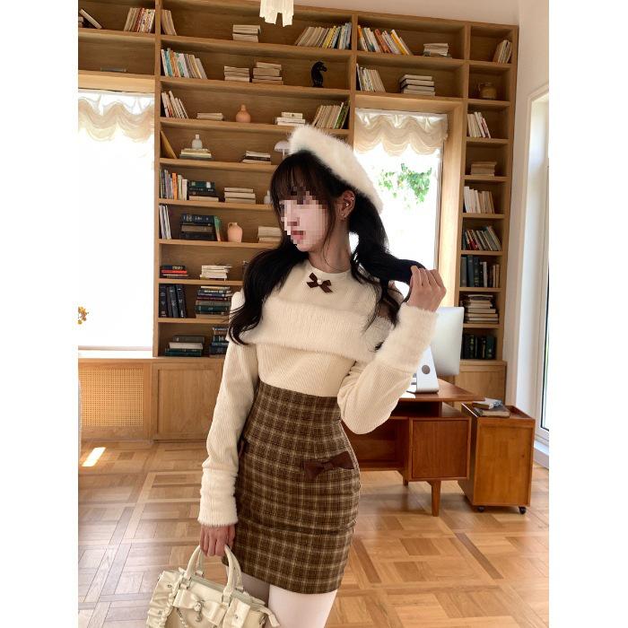 Plaid Off-Shoulder Bow Knot Mini Dress - College Style, High Waist, Slim Fit Large