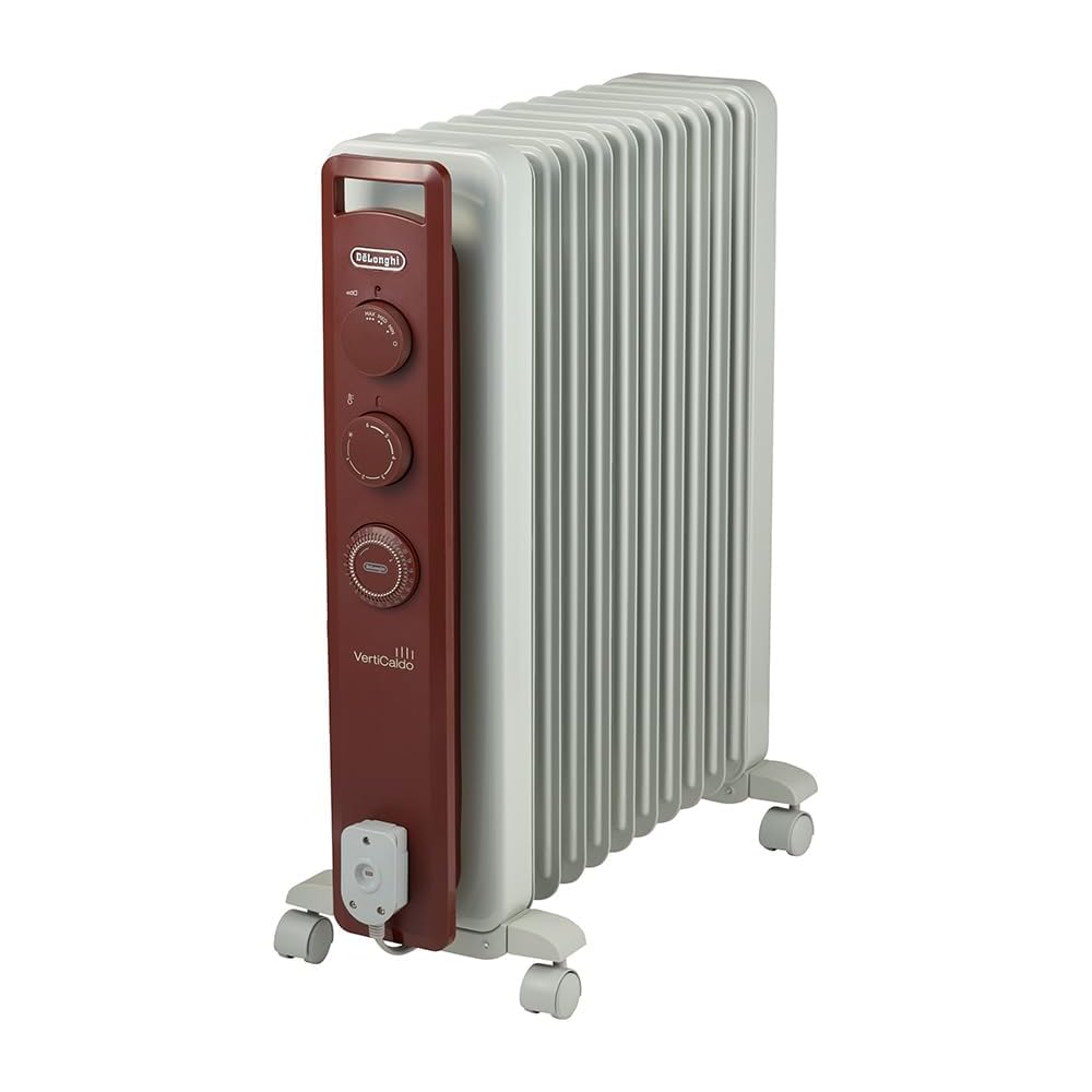 De'Longhi Vertical Oil Heater RHJ21F1015-BR, Electric Heater with Zero Airflow, Quiet Operation, Dry-Resistant, Surface Temperature Approximately 80°C