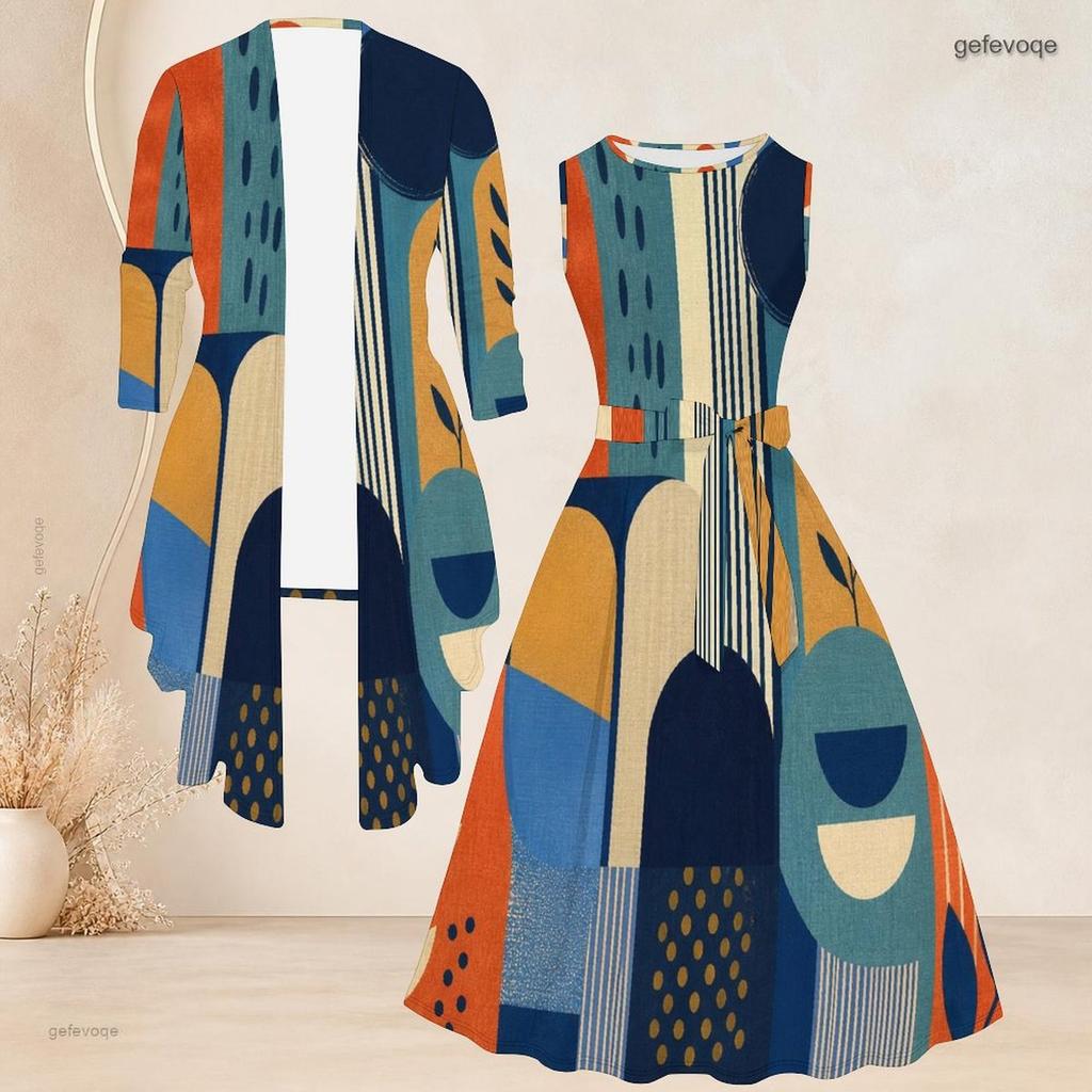 Women Plus Size Two Piece Set Plaid Printed 3 4 Sleeve Draped Cardigan Sleeveless Tie Waist Flared Dress
