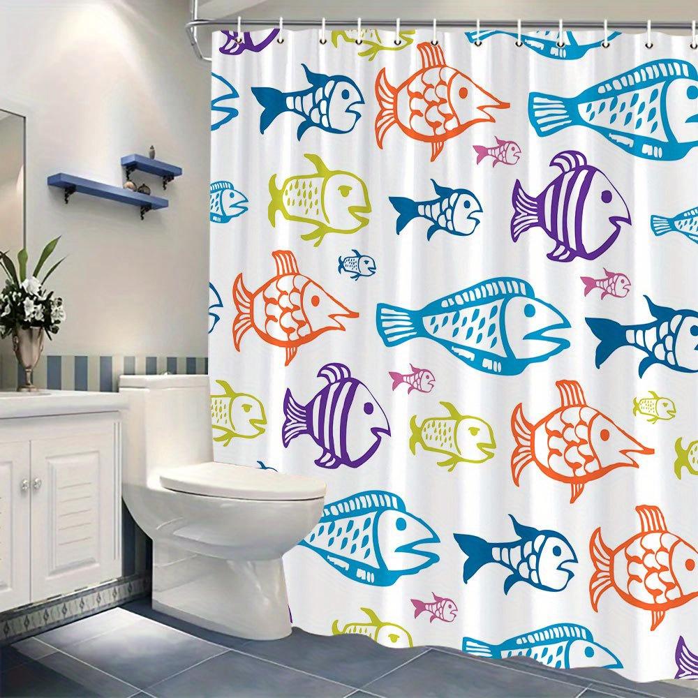 1 Bright Fish Shower Curtain with Exotic Cartoon Fish, with Hooks, Polyester Fabric, Machine Washable, Suitable for Bathroom