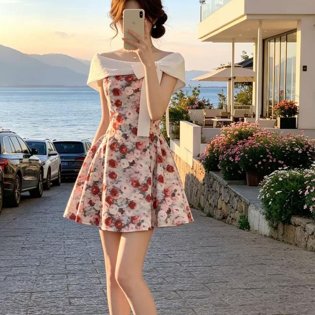 French retro high-end one-word shoulder floral dress, summer new bow off-the-shoulder waist and thin skirt