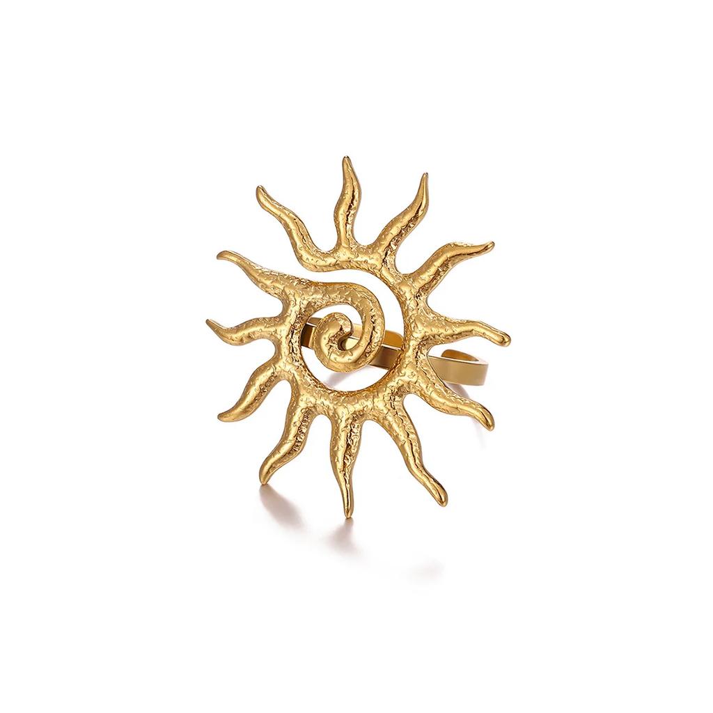Retro Big Sun Flower Gold Color Ring For Women Stainless Steel Exaggerated Punk Anillos Open Adjustable Rings Waterproof Jewelry